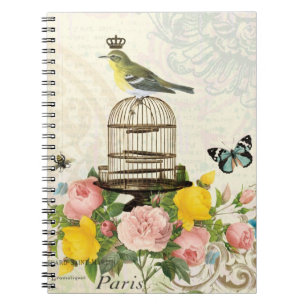 Vintager französischer Vogel und Birdcagenotizbuch Notizblock