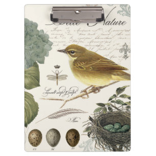 Vintager französischer Vogel und Nest Klemmbrett