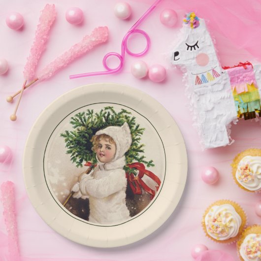 Vintager französischer Weihnachtsbaum Girl Holiday Pappteller (Party)