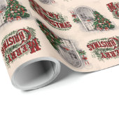 Vintager "Frohe Weihnachten" Baum im Fenster Geschenkpapier (Rolleneckpunkt)