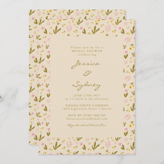 Vintager Frühling Rosa Grünes Brautparty Einladung (Vorne/Hinten)