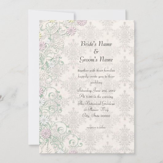 Vintager FrühlingsDamast und Blume Hochzeitsempfan Einladung (Vorderseite)
