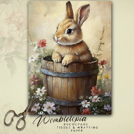 Vintager Frühlingshase aus Holz Wildblumen Seidenpapier