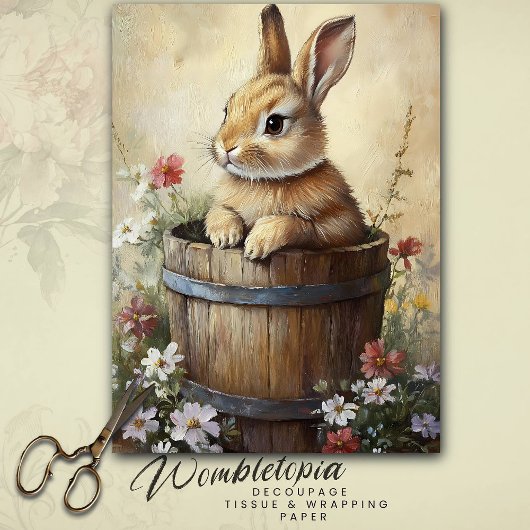 Vintager Frühlingshase aus Holz Wildblumen Seidenpapier