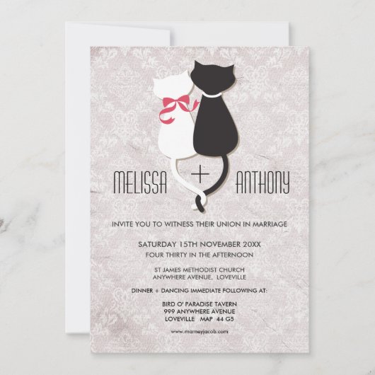 Vintager Funny Cat Couple Damask Hochzeitsempfang Einladung (Vorderseite)