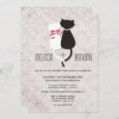 Vintager Funny Cat Couple Damask Hochzeitsempfang Einladung (Vorne/Hinten)