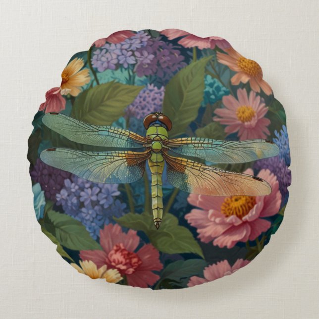 Vintager Gartenteich mit blühenden Pastell Rundes Kissen (Vorderseite)