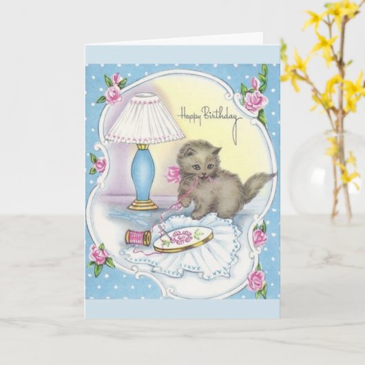 Vintager Geburtstag - Kätzchen & Stickerei Thread, Karte (Gelbe Blume)