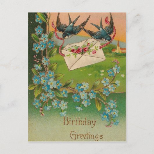 Vintager Geburtstag Postkarte Vögel und Blume (Vorderseite)