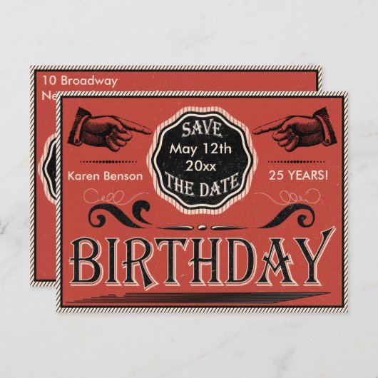 Vintager Geburtstag Save the Date Ankündigungspostkarte (Vorne/Hinten)