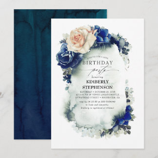 Vintager Geburtstag von Navy Blue und Orange Flora Einladung