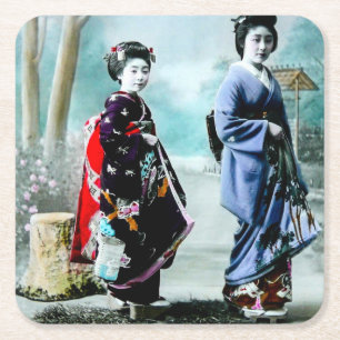 Vintager Geisha und ihr Maiko 芸者舞妓 altes J Rechteckiger Pappuntersetzer