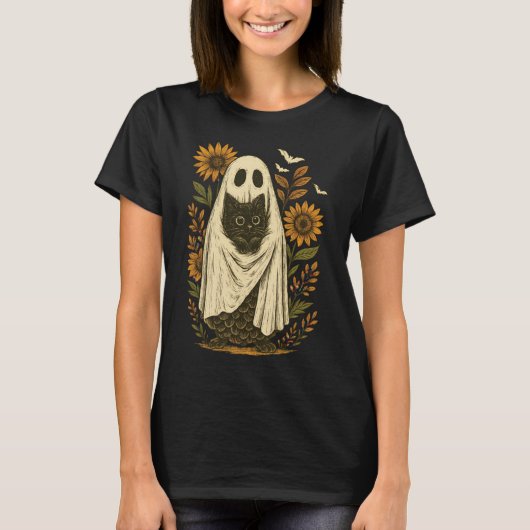 Vintager Geist mit Schwarzer Chat Kunst T-Shirt (Vorderseite)