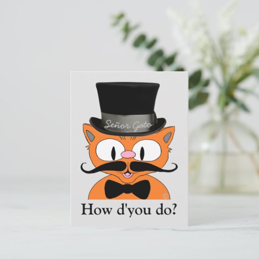 Vintager gekleideter Cartoon Mustache Katzenfreund Postkarte (Stehend Vorderseite)