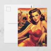 Vintager Glamour Girl Rotes Kleid Postkarte (Vorne/Hinten)