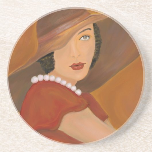 Vintager Glamour-Mädchen-Malerei-Untersetzer Sandstein Untersetzer (Vorne)