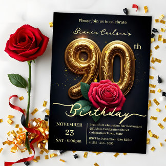 Vintager Glamour Rote Rose Gold Nummer 90. Geburts Einladung