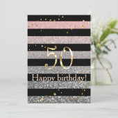 Vintager Glitzer glänzt pink silber gestreift schw Einladung (Stehend Vorderseite)