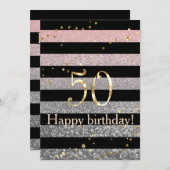 Vintager Glitzer glänzt pink silber gestreift schw Einladung (Vorne/Hinten)