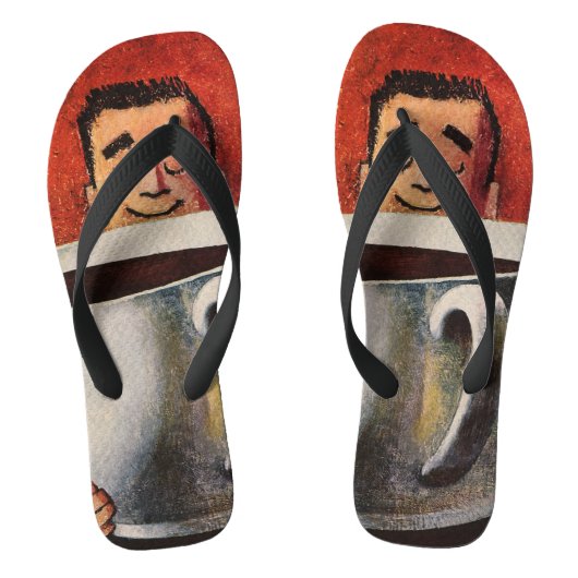 Vintager glücklicher Mensch trinkt Riesencup Kaffe Badesandalen (Fußbett)