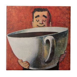 Vintager glücklicher Mensch trinkt Riesencup Kaffe Fliese