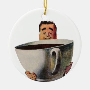 Vintager glücklicher Mensch trinkt Riesencup Kaffe Keramik Ornament