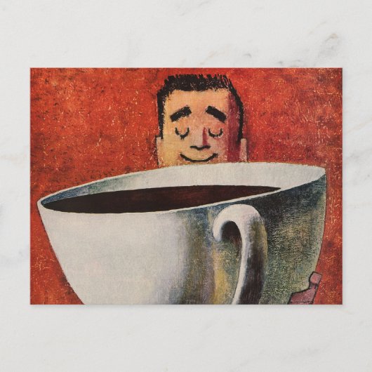 Vintager glücklicher Mensch trinkt Riesencup Kaffe Postkarte (Vorderseite)