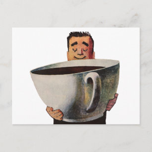 Vintager glücklicher Mensch trinkt Riesencup Kaffe Postkarte