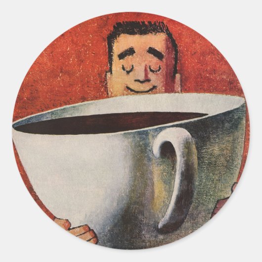 Vintager glücklicher Mensch trinkt Riesencup Kaffe Runder Aufkleber (Vorderseite)