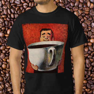 Vintager glücklicher Mensch trinkt Riesencup Kaffe T-Shirt