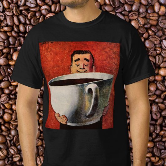 Vintager glücklicher Mensch trinkt Riesencup Kaffe T-Shirt