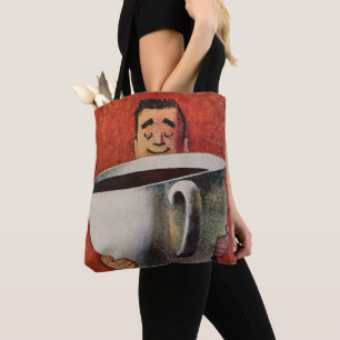 Vintager glücklicher Mensch trinkt Riesencup Kaffe Tasche