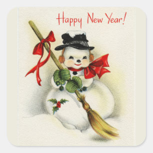 Vintager glückliches neues JahrSnowman Quadratischer Aufkleber