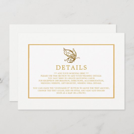 Vintager Gold Glitzer Butterfly Hochzeitsdetails Begleitkarte (Vorne/Hinten)