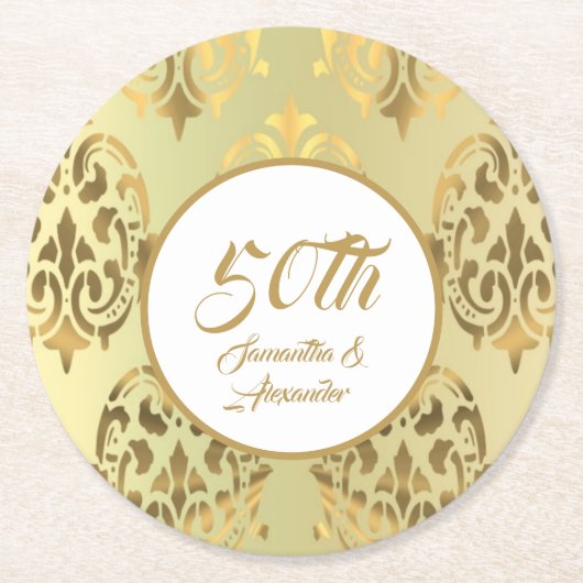 Vintager Golddamast 50 Jahre Runder Pappuntersetzer (Vorderseite)