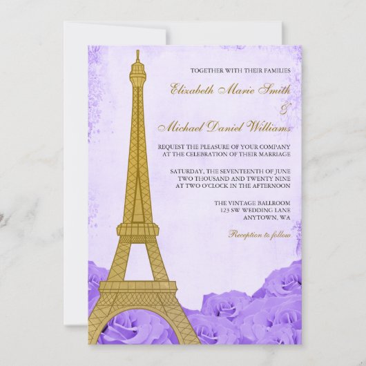 Vintager Goldeiffelturm Lila Rose Hochzeit Einladung (Vorderseite)