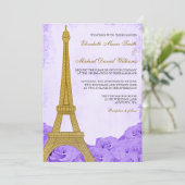 Vintager Goldeiffelturm Lila Rose Hochzeit Einladung (Stehend Vorderseite)