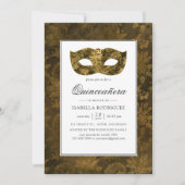 Vintager Goldmasquerade Damask Quinceañera Einladung (Vorderseite)