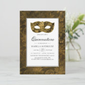 Vintager Goldmasquerade Damask Quinceañera Einladung (Stehend Vorderseite)