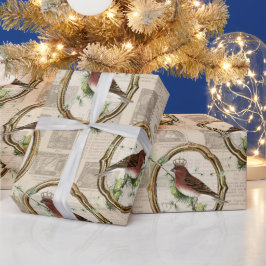 Vintager Goldrahmen-Bird-Newsprint Geschenkpapier