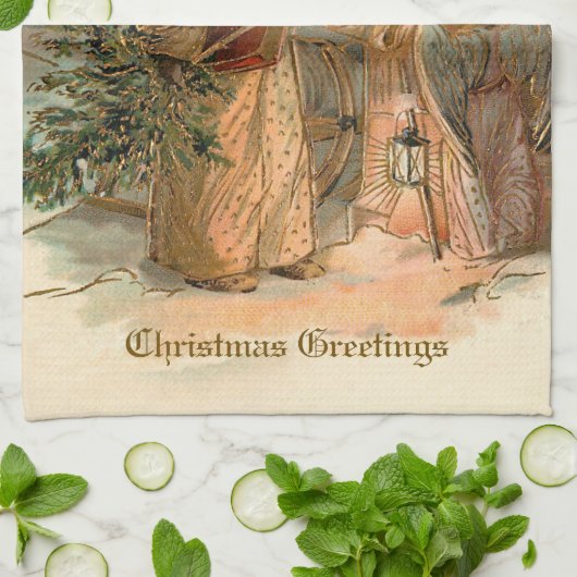 Vintager Goldvater Weihnachten und Engel Geschirrtuch (Gefaltet)