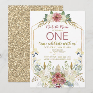 Vintager Goldwatercolor-Blumenerster Geburtstag Einladung