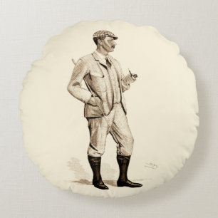Vintager Golfer mit Tabakpfeifen und Stiefeln Rundes Kissen