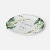 Vintager grüner Eukalyptus-Kalligrafie-Hochzeitsto Pappteller (Schrägansicht)