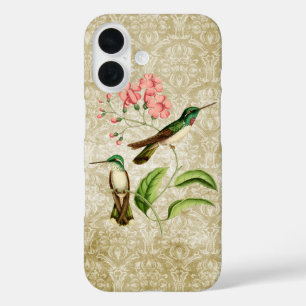 Vintager Grüner Hummingvogel mit rosa Blume iPhone 16 Hülle