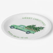 Vintager grüner LKW mit Weihnachtsbäumen Pappteller (Schrägansicht)