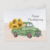 Vintager Grüner LKW Sonnenblumen Erntedank Feiertagspostkarte (Vorderseite)