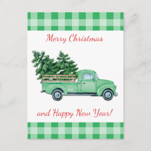 Vintager Grüner LKW und Karo Weihnachtsbaumen Ankündigungspostkarte