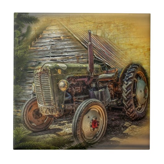 Vintager grüner Traktor Rustikaler alter Stall Fliese (Vorderseite)