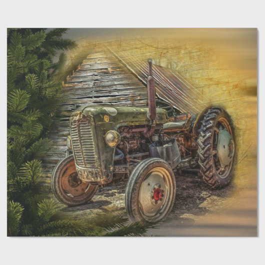 Vintager grüner Traktor Rustikaler alter Stall Geschenkpapier (Flach)